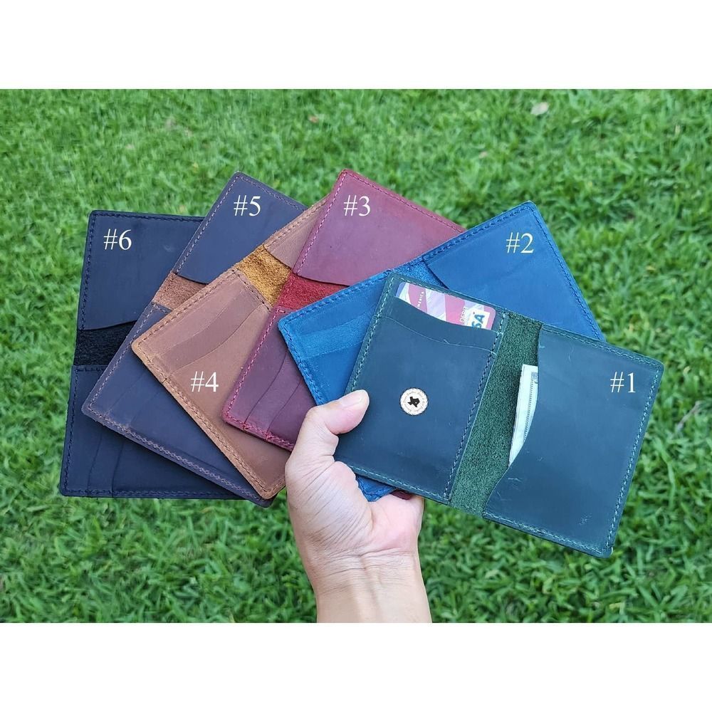 Genuine Crazy Horse Leather Small Bifold Wallet, Black Brown Red Blue Green